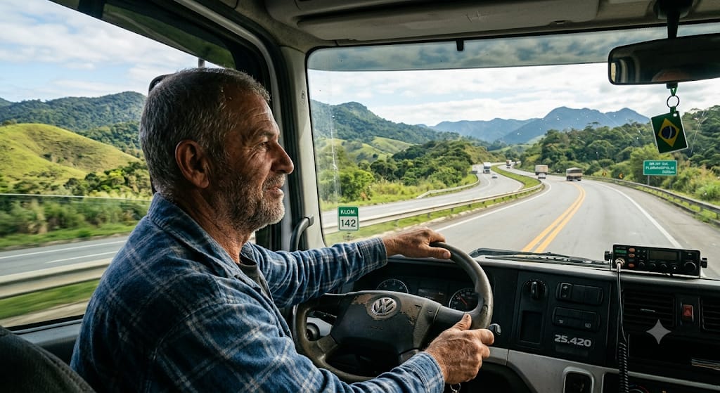 Caminhoneiro autônomo na cabine em rodovia brasileira — seguros do TAC