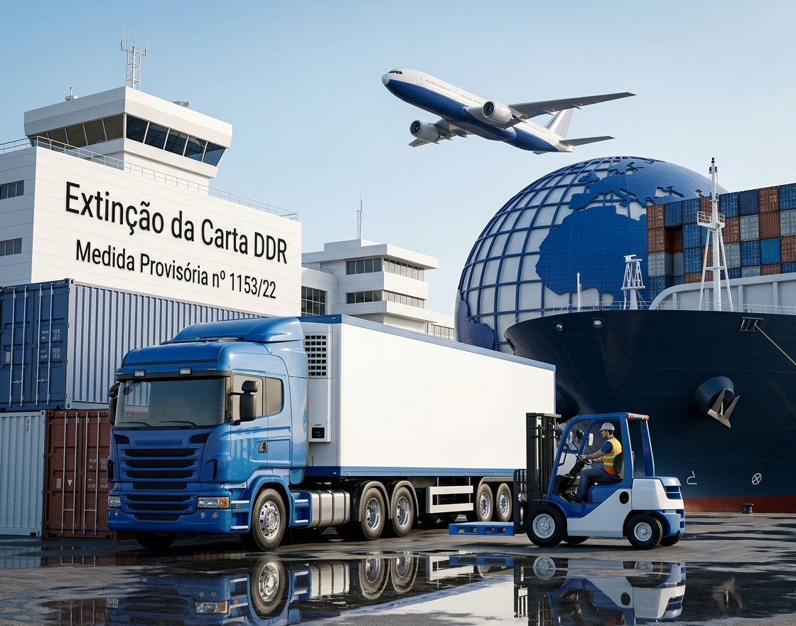 Extinção da Carta DDR — caminhão, avião e navio de carga em terminal logístico