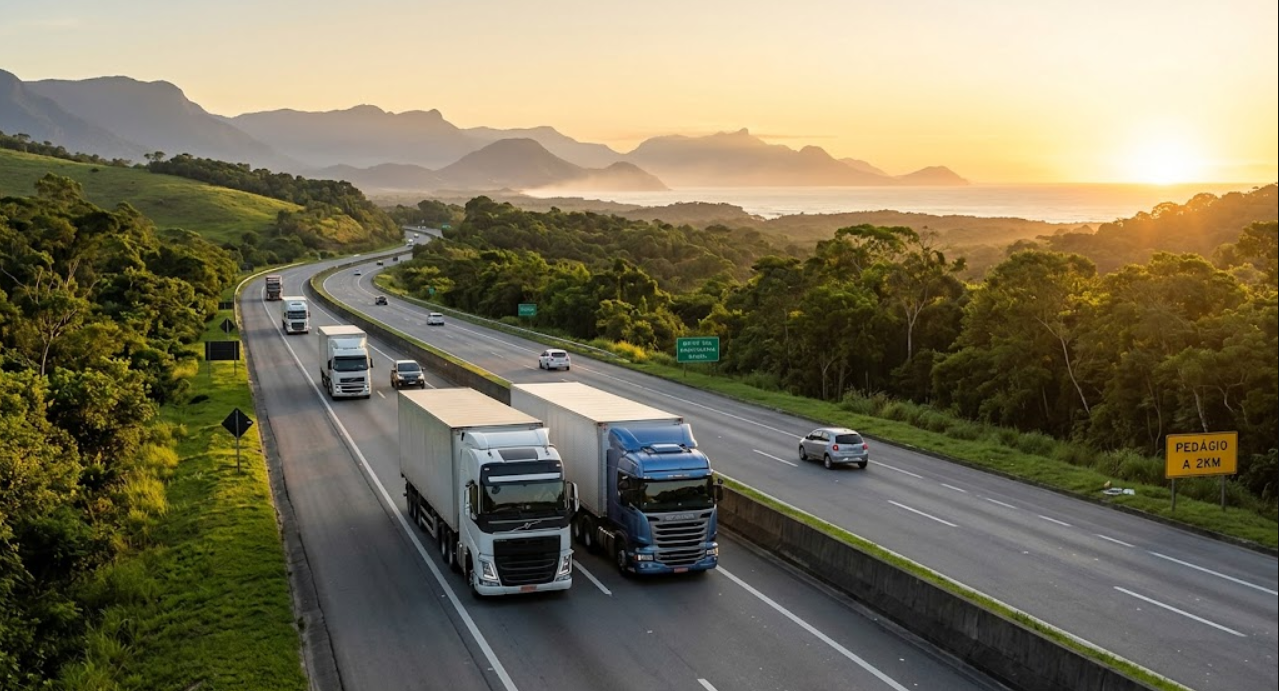 Caminhões em rodovia com paisagem litorânea — transporte de carga própria